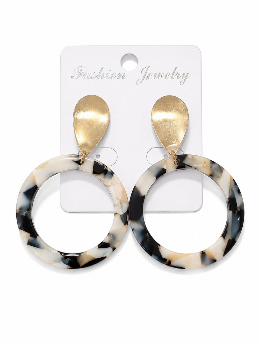 Gold Tone Tortoiseshell Hoop Drop Earrings Black Cream Acrylic Statement Boho
